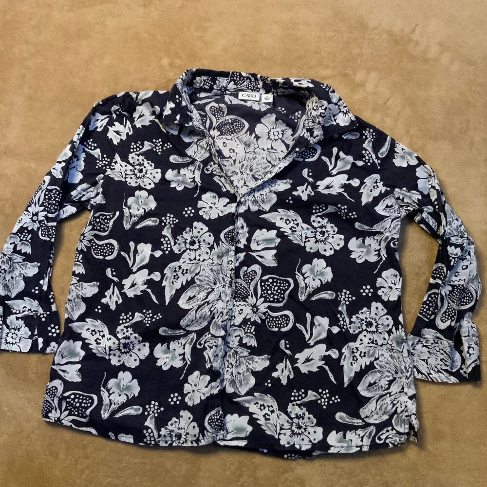 CATO Women XL Navy White‎ Floral Button Up Bead Embroidery 3/4 Sleeve Blouse C02